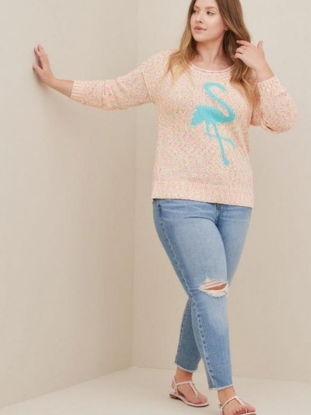 Torrid Flamingo Sweater Size 1 1X Pink Confetti Marled Intarsia Knit Pullover